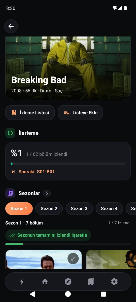 Dizi detayı: sezon ilerlemesi ve sezonu tamamlama